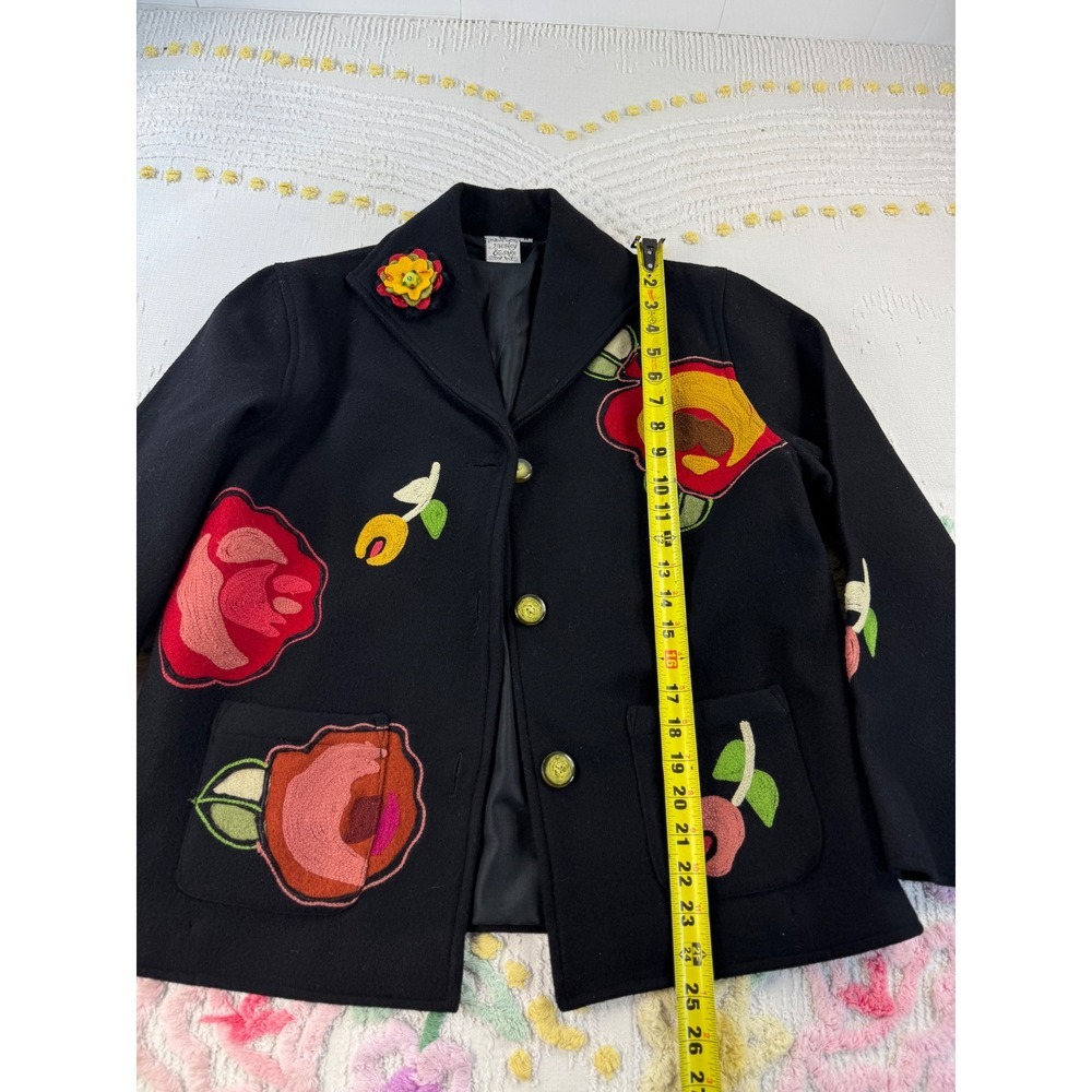 Parsley & Sage vtg Womens Black 100% Wool Floral Applique Jacket Brooch Size M - Picture 3 of 8